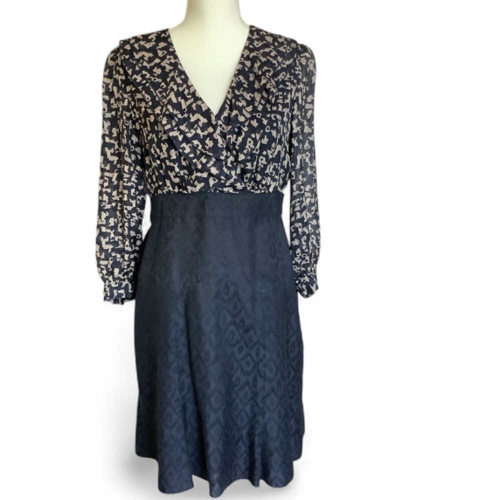 Anthropologie Anna Sui Ruffle V-Neck Silk Cocktail Dress Size 6 Navy Coquette - Picture 2 of 12
